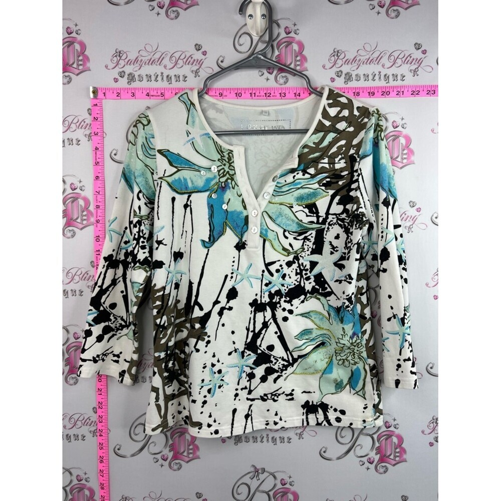 Dolce Vita shirt starfish White Floral Henley Top with Blue and Brown Accents